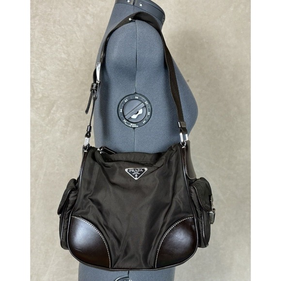 Vtg Y2K Prada Nylon And Leather Shoulder Bag 2000s Brown Cresant